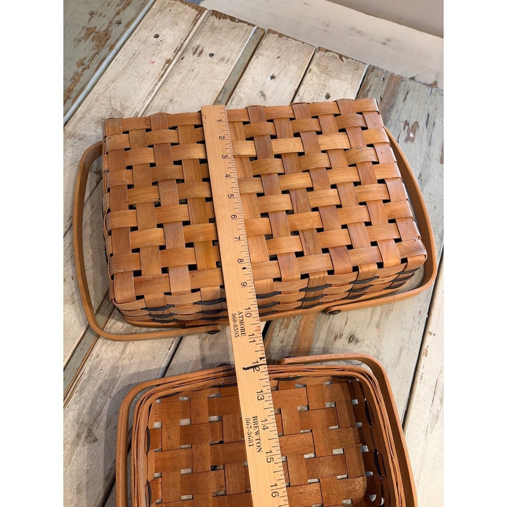 Vintage Set of (3) Rectangular Nesting Baskets Double Swing Handles Woven - Picture 9 of 16